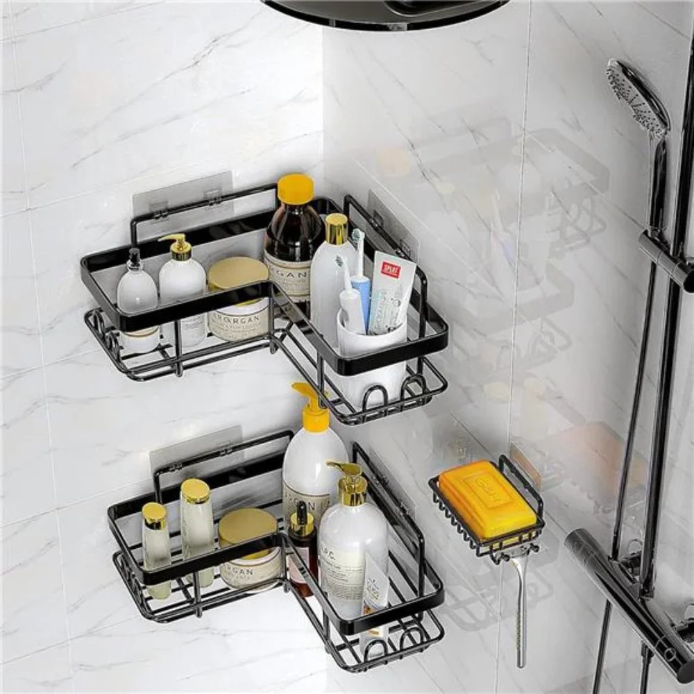 Adhesive Corner Shower Caddy, 3 Pack Organizer Shelf with Soap Holder & 12 Hooks